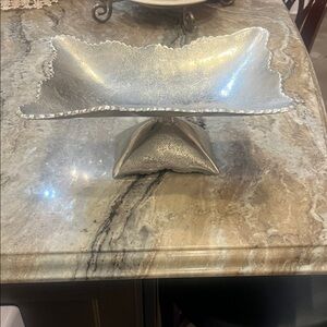 Silver Rectangular Pedestal Bowl - Textured Metal Centerpiece